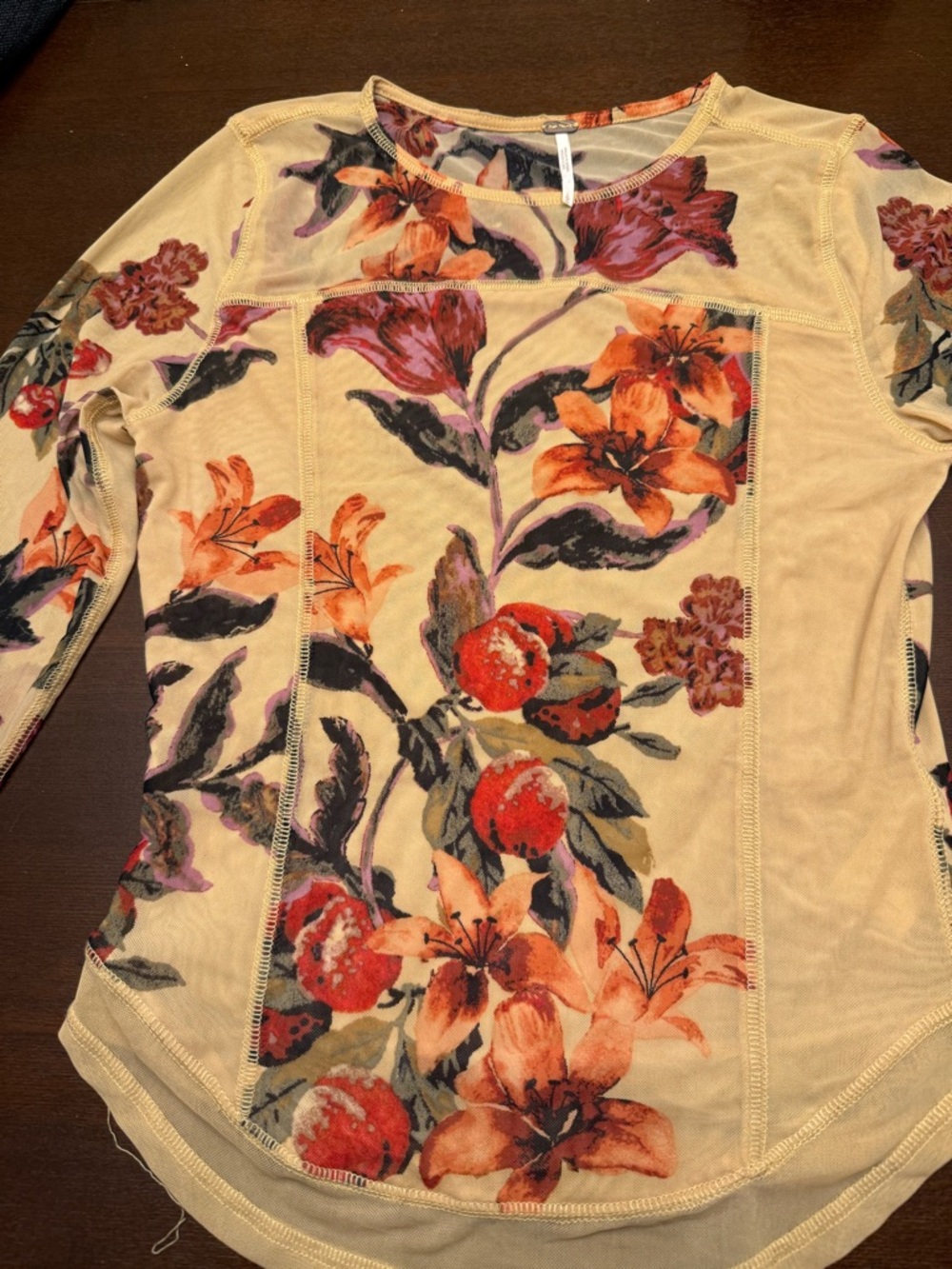 Free People Beige Floral Long Sleeve Crewneck Top with Orange & Purple Blooms - Picture 2 of 3